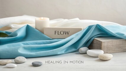 Calm tabletop with flowing fabric, stones, and lit candle
