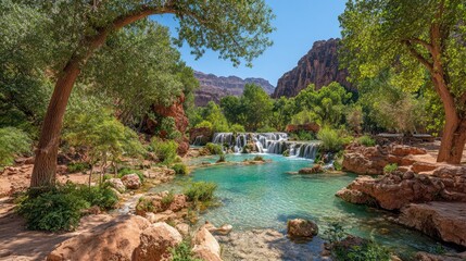 Lush oasis features striking turquoise pool cascading over small waterfalls surrounded by arid canyon landscape