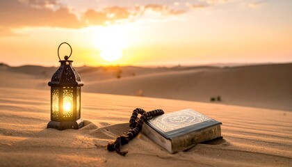 Spiritual Reflection - Quran, Beads, and Lantern in Desert Sunset.