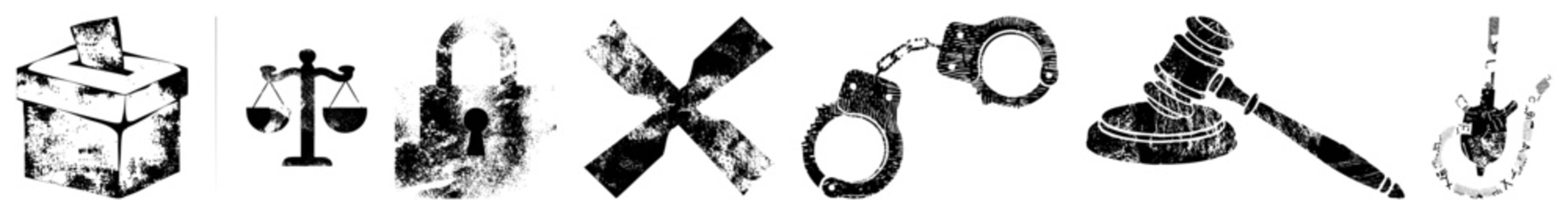 Legal Symbols Including Gavel, Handcuffs, and Scales of Justice