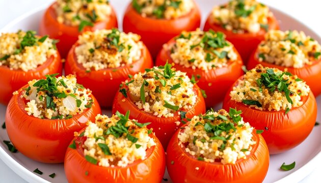 A platter displays vibrant, red tomatoes, each hollowed and filled with a golden, seasoned breadcrumb mixture, garnished with green herbs