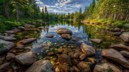 Clear forest lake shore shows smooth stones beneath tranquil water surface reflecting sky