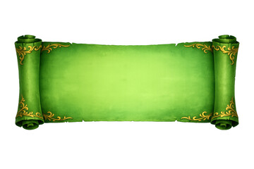 Green scroll banner with golden ornate details displaying an ancient medieval parchment for fantasy game ui element