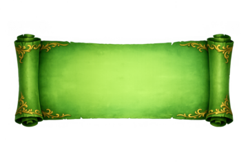 Green scroll banner with golden ornate details displaying an ancient medieval parchment for fantasy game ui element