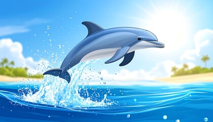 Fototapeta premium A playful aquatic mammal leaps from ocean waves towards the bright sunshine. Tropical islands dot the background