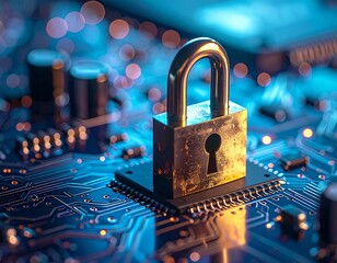 Cybersecurity Concept with Padlock on Circuit Board