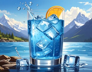 Blue drink with ice and orange slice with mountain backdrop, refreshing