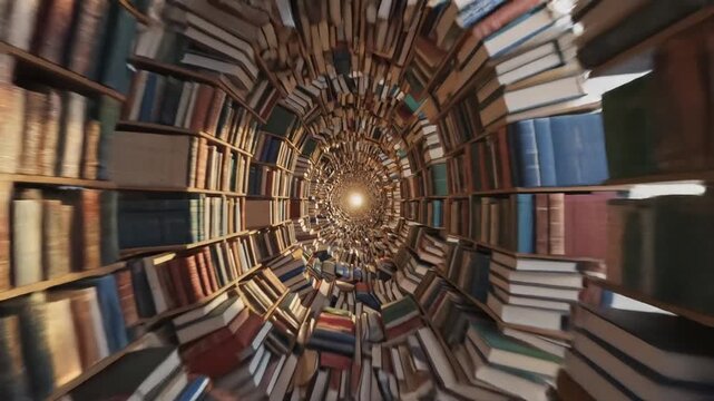 Endless Tunnel of Books with Pages Flying Out Towards a Bright Light Source in a Library
