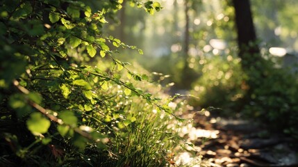 Fototapeta premium Enchanting Sunlight Filtering Through Lush Green Forest Canopy and Undergrowth