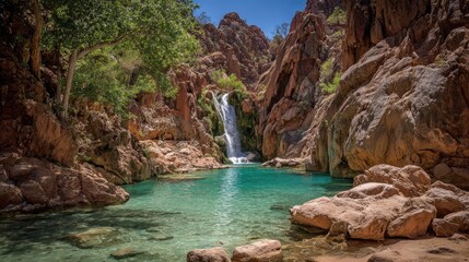 Scenic waterfall cascading into turquoise pool surrounded by sandstone cliffs