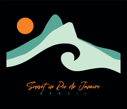 Graphic-style illustration of a sunset in Rio de Janeiro, Brazil.