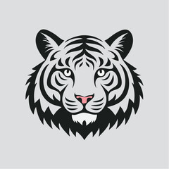 Majestic Stylized Tiger Head Illustration with Bold Black Stripes, Abstract Vector Graphic