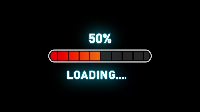 Red loading bar at 0 to 100 percent with blue neon text on black background progress percentage