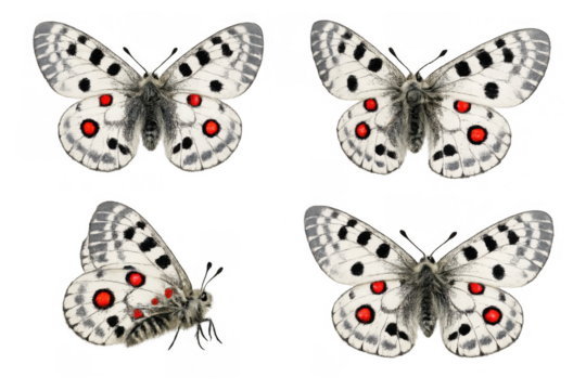 Apollo butterfly parnassius apollo collection isolated on transparent background, showing white wings and red spots - Powered by Adobe