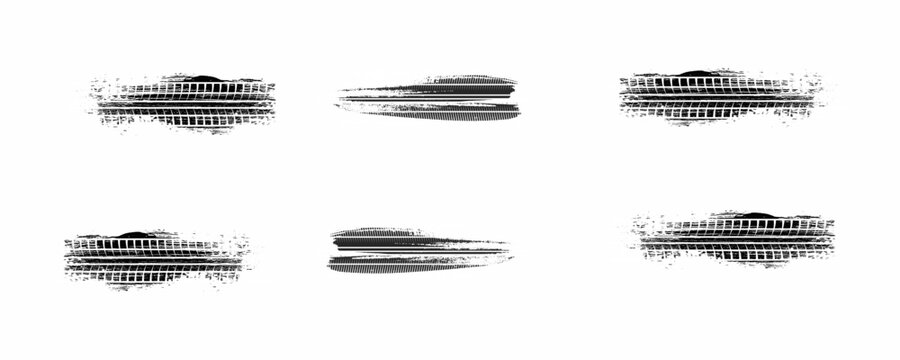 Tire tread marks, drift, motorsport, motocross, rally, tread mark with skid, grinding, splash effect. Graphic set of tire treads, wheel texture, car racing. Vector collection, wheel treads on asphalt