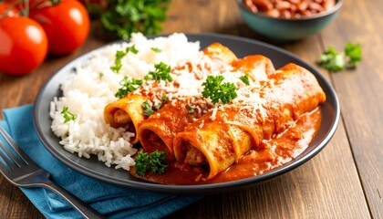 A plate of rolled, saucy tortillas topped with cheese, rice, beans, and fresh tomatoes, set on a wood table