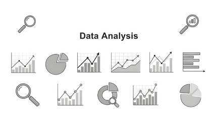 A collection of data analysis graphs and charts with magnifying glasses