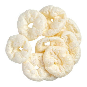 Savory malaysian keropok lekor, a chewy fish-based snack that is deep-fried until golden brown, isolated on a stark white background