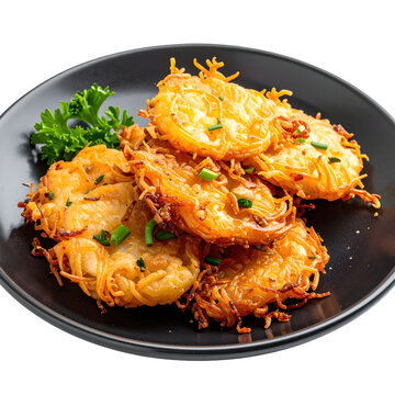 Crispy khauk swe fritters arranged on a dark plate, shot on an isolated white background for focus