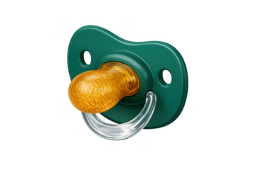 Green baby pacifier with gold nipple providing comfort for infant care, isolated on transparent background