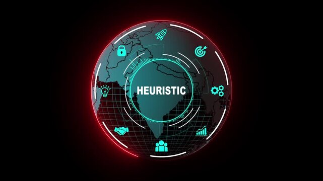 Futuristic Circular HUD Heuristic Interface with World Map and AI Technology Icons, Artificial Intelligence, Smart Decision Systems and Data Analysis Concept