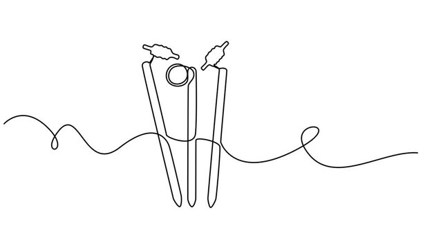 International cricket stump icon continuous one line drawing on white background minimalist sport equipment symbol 4k animation video, equipment bails symbol. Self drawing animation single line draw.
