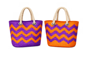 Woven beach tote bags featuring chevron pattern, colorful summer accessory for vacation and travel, transparent background