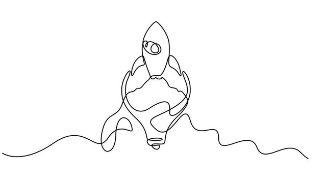 Animated self drawing of continuous line draw smart bright light bulb take off flying to the space logo label, Full length one line animation illustration.  Rocket bulb company icon label concept. pro
