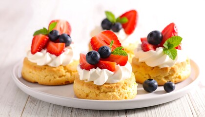 A plate showcases five small, round pastries, each topped with whipped cream, strawberries, blueberries, and mint. White plate on a white wood surface