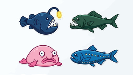 Fototapeta premium Cartoon Deep Sea Fish Illustrations on White Background