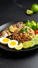 A plate showcases grilled fish, vibrant rice, sliced eggs, cucumbers, tomatoes, and lime wedges, all artfully arranged against a dark background