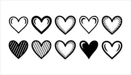 Black and white hand drawn hearts with different patterns on white background.