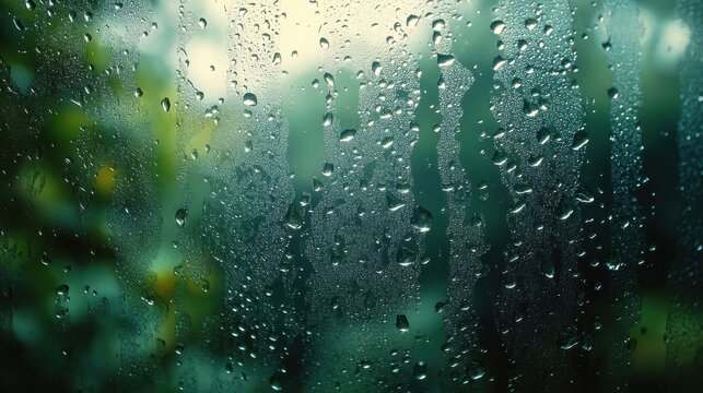 Raindrops on Glass Window with Greenery Outside Moody Atmospheric Scene - Powered by Adobe