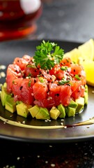 A plated, gourmet seafood dish, featuring cubed, bright red fish atop diced avocado. Garnished with sesame seeds and herbs