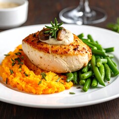 A plated meal features a grilled chicken breast atop sweet potato mash, with green beans on the side, garnished