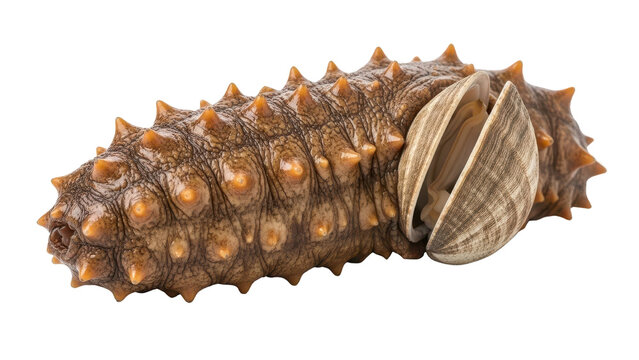 Fresh sea cucumber with clam shell, raw spiked trepang seafood isolated on white background, premium marine delicacy for gourmet cooking