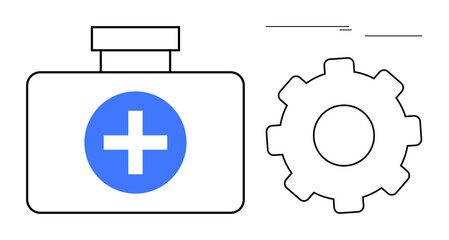 First aid kit featuring a prominent cross beside a gear, suggesting health services, technical support, problem-solving, and operational efficiency. Ideal for medical services, technical care, health