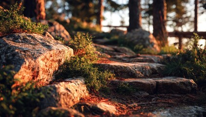 Obraz premium Sunlit stone steps ascend a forest path, nestled amongst low-lying greenery and tall pines, bathed in warm, golden light. The shallow depth of field emphasizes the textured stones and plants