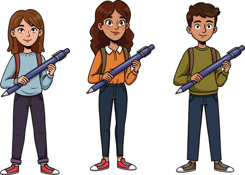 Cartoon students holding big pens vector illustration, school kids character design, education concept, academic learning, studying, creativity, back to school artwork.Cartoon studen