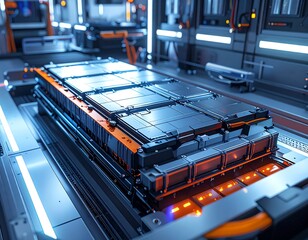 Obraz premium Modern, futuristic shot of a large, rectangular battery pack, likely for an electric vehicle, in an industrial setting. Bright and clean, neon-lit