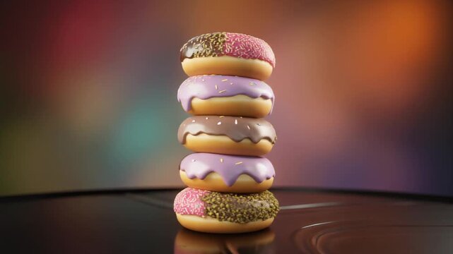 A stack of colorful donuts on a reflective surface with a blurred background