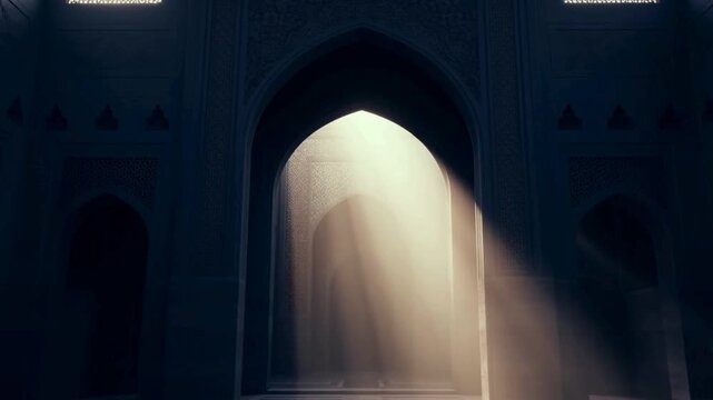 Sunlight streams through a decorative archway inside a dark historic building. Islamic Background