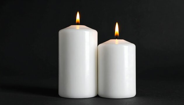 Two white candles burning brightly against a solid black backdrop