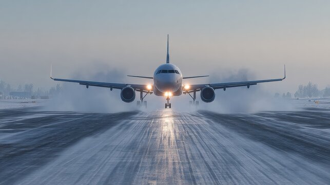 Airplane landing amidst winter conditions airport runway photography cold weather front view aviation safety