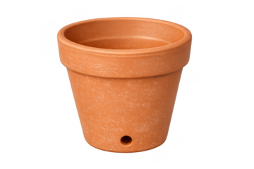 Terracotta pot with a drainage hole, ideal for transplanting and growing flowers or houseplants. Empty clay vessel