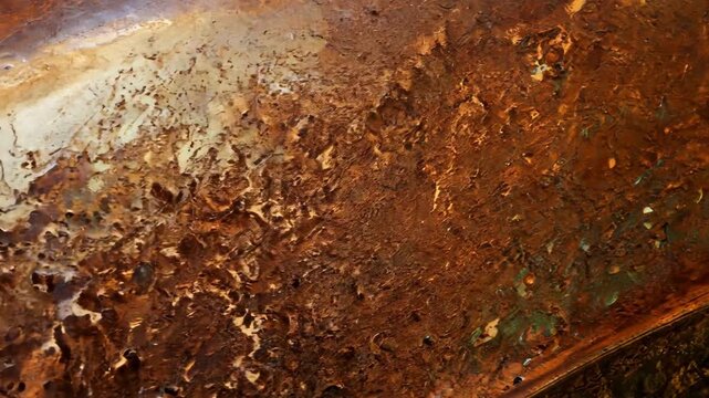 Close-up pan of a heavily weathered and rusted metallic surface with brown and orange oxidation.