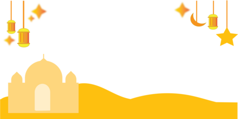 A minimalist illustration featuring a mosque silhouette, hanging lanterns, stars, and a crescent moon against a white background with a wavy yellow base, evoking Islamic celebration.