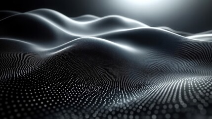 Abstract glowing digital wave of particles in dark background with light reflection