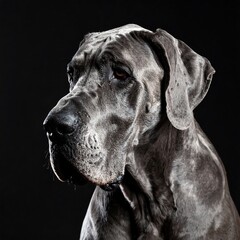 Blue Great Dane's headshot, isolated against black. Focused, contemplative expression. Dappled fur. Strong, defined bone structure