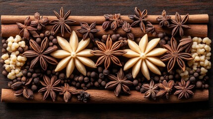 Aromatic Star Anise and Cinnamon Sticks with Peppercorns Arranged on Dark Textured Surface